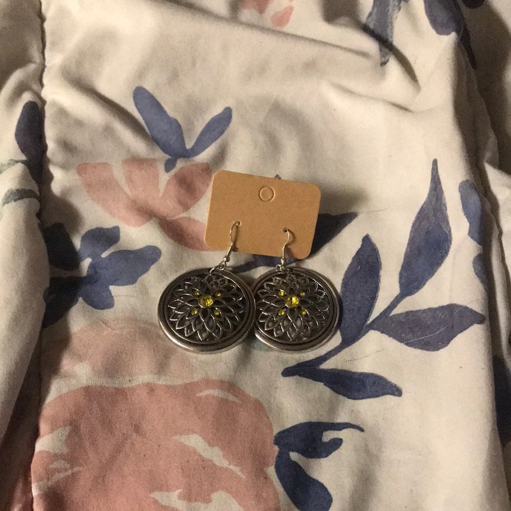 Silver Floral Earrings with Yellow Accents